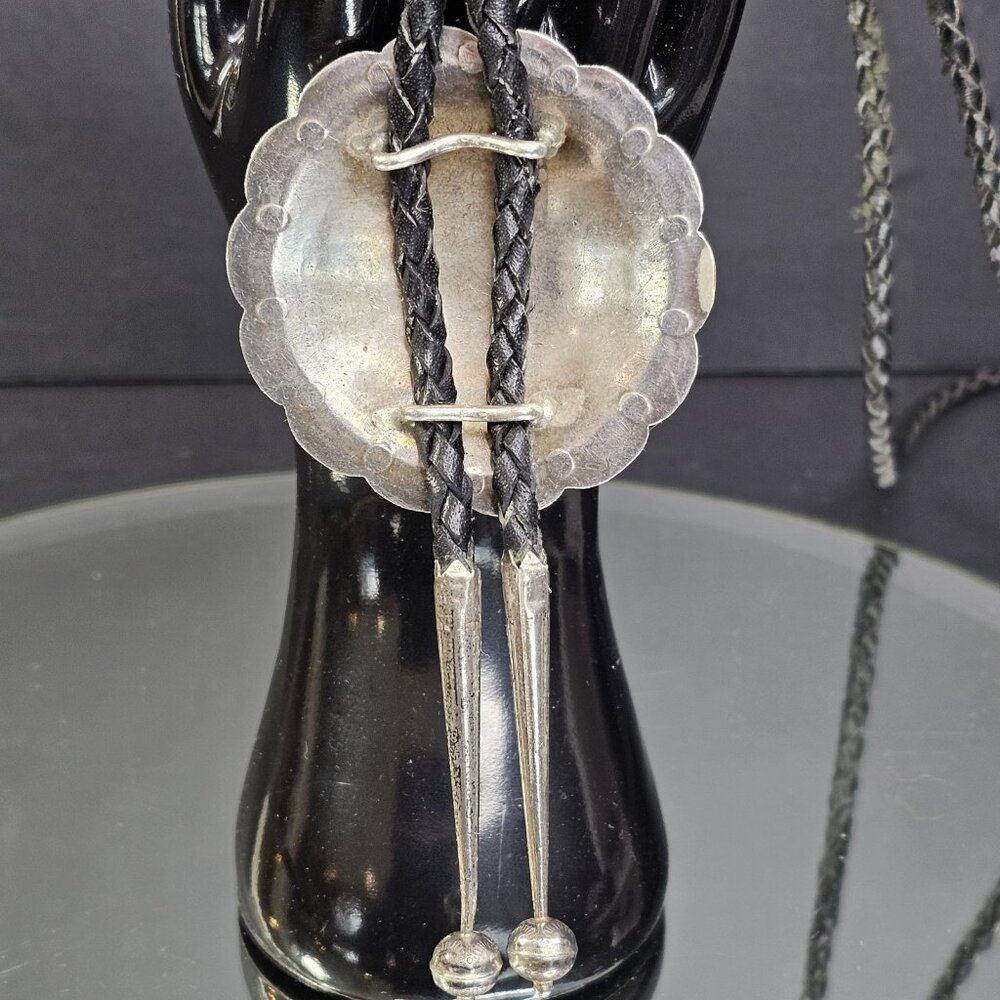 Navajo Turquoise And Coral Sterling Silver Bolo Tie Native American Vintage - Picture 5 of 11